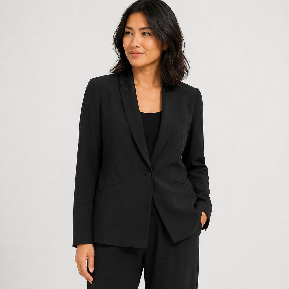 Elieen Fisher Black Silk One Button Blazer Jacket Tuxedo Collar SzXSP
